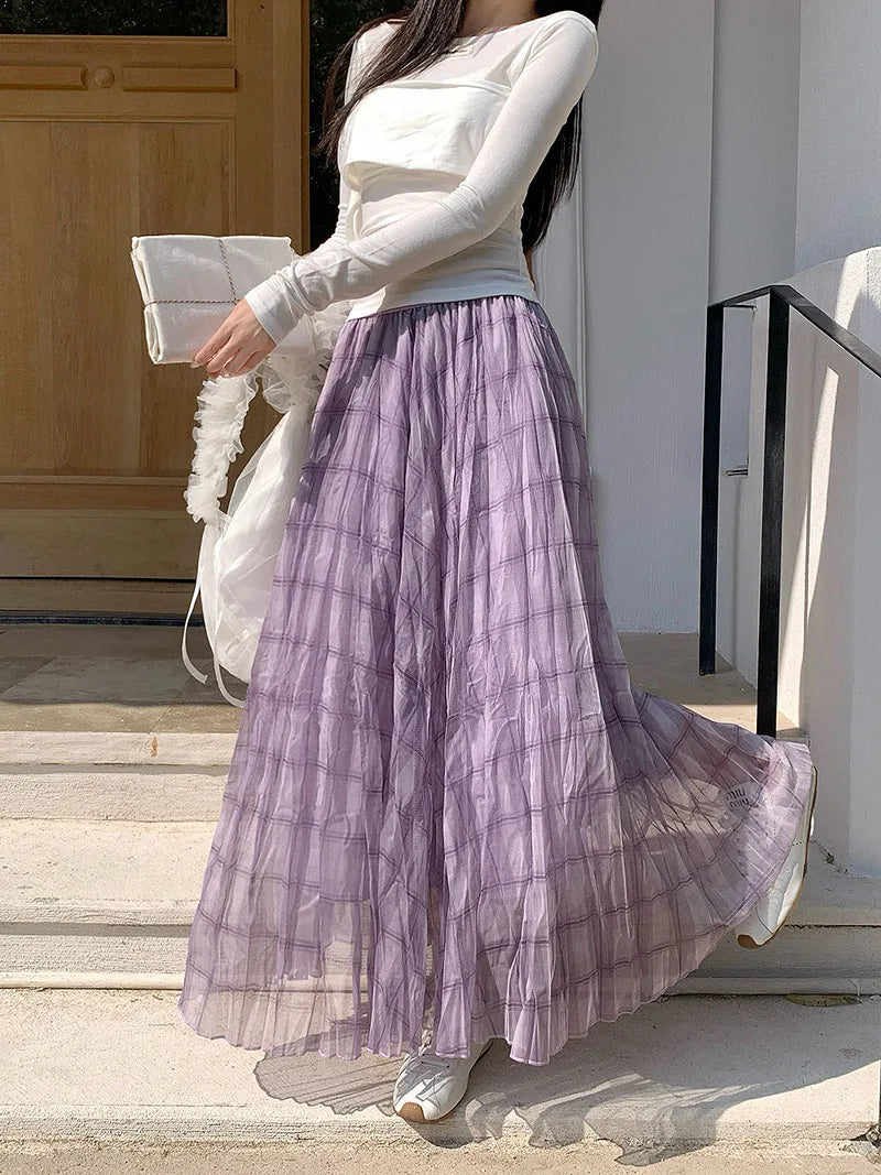 Long Purple Checked Skirt