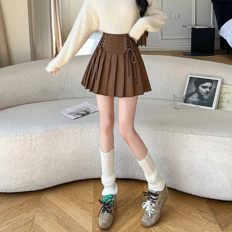 Brown Faux Suede Pleated Skirt