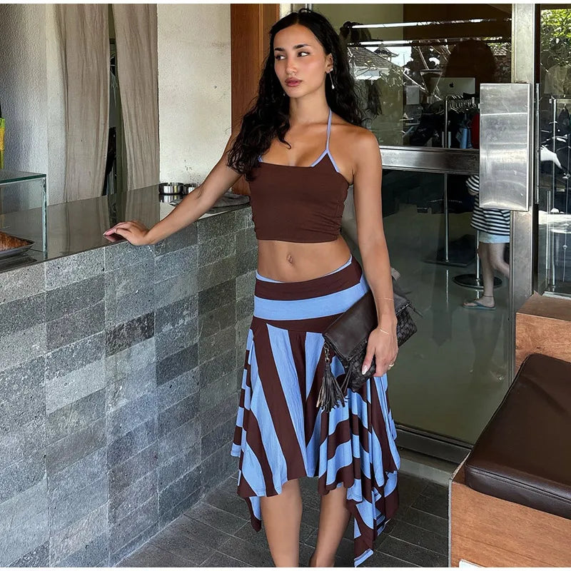 Striped Asymmetric Midi Skirt