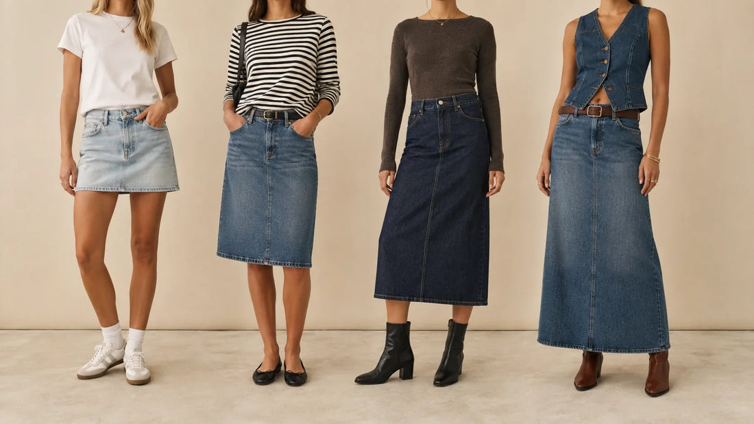 Four denim skirt outfits styled for different seasons with trainers, flats and boots