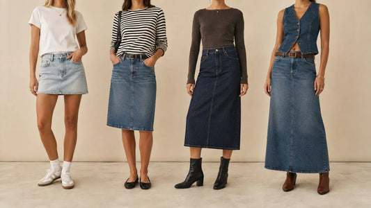 Four denim skirt outfits styled for different seasons with trainers, flats and boots