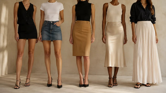 Skirt lengths compared side by side from mini to knee length, midi and maxi