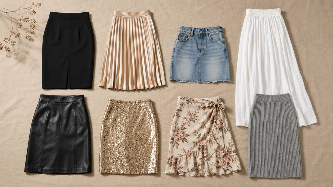 Flat lay showing different types of skirts including pencil, pleated, denim, maxi, leather and sequin styles