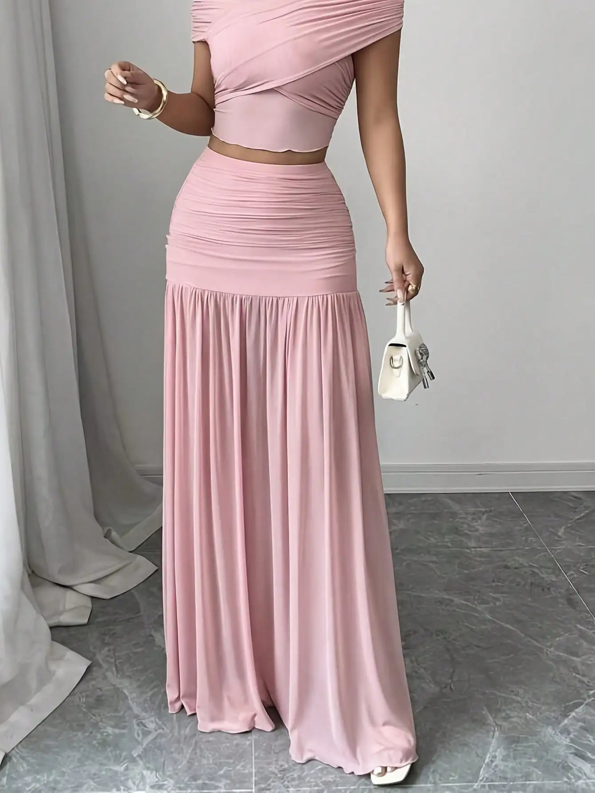 Pink Ruched Maxi Skirt