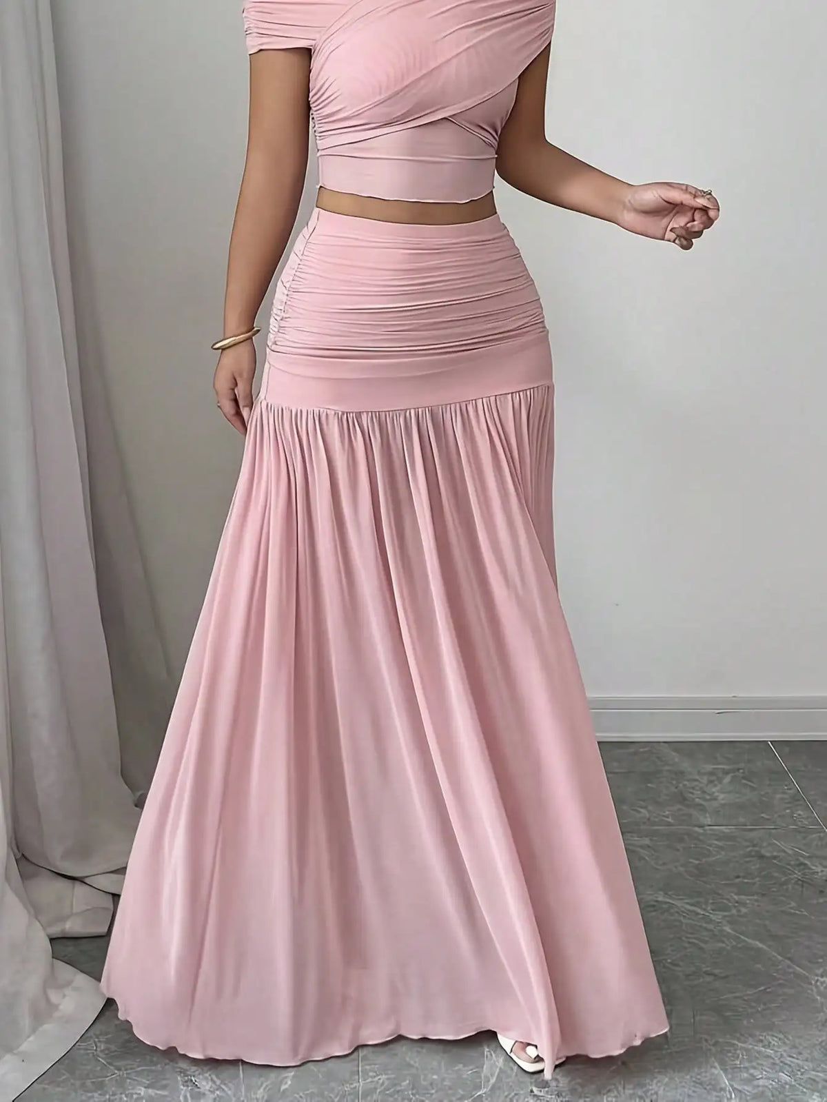 Pink Ruched Maxi Skirt