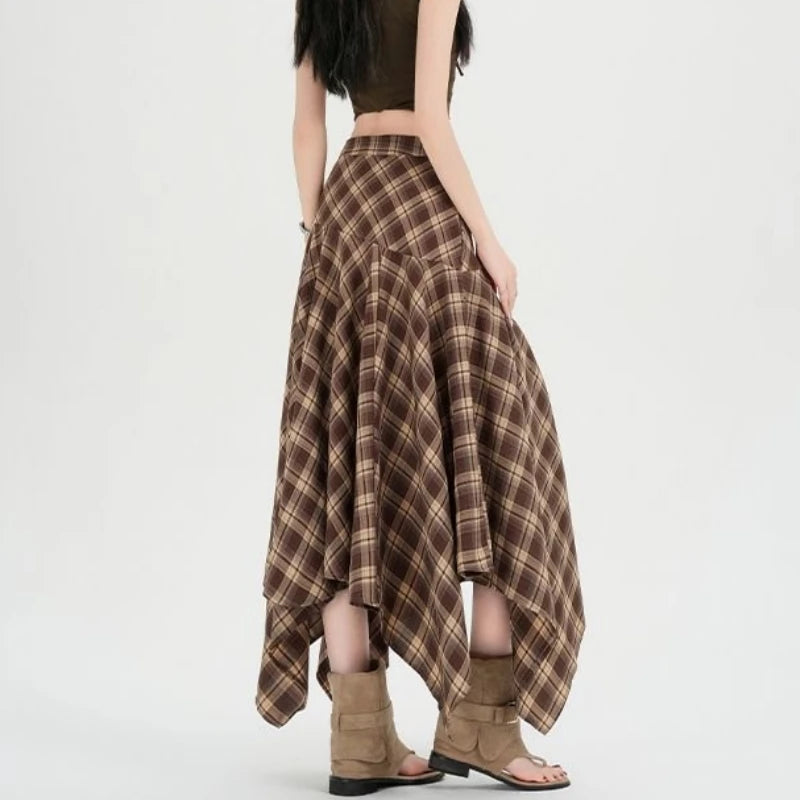 Asymmetric Long Plaid Skirt
