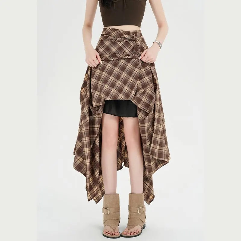 Asymmetric Long Plaid Skirt