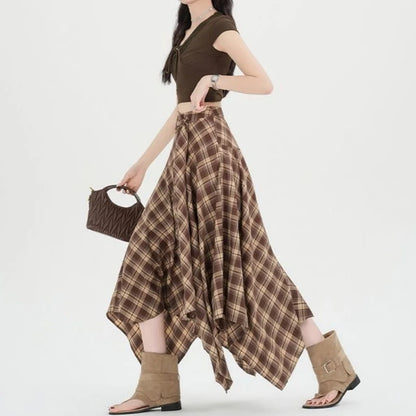 Asymmetric Long Plaid Skirt