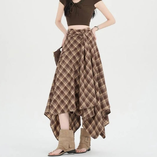 Asymmetric Long Plaid Skirt
