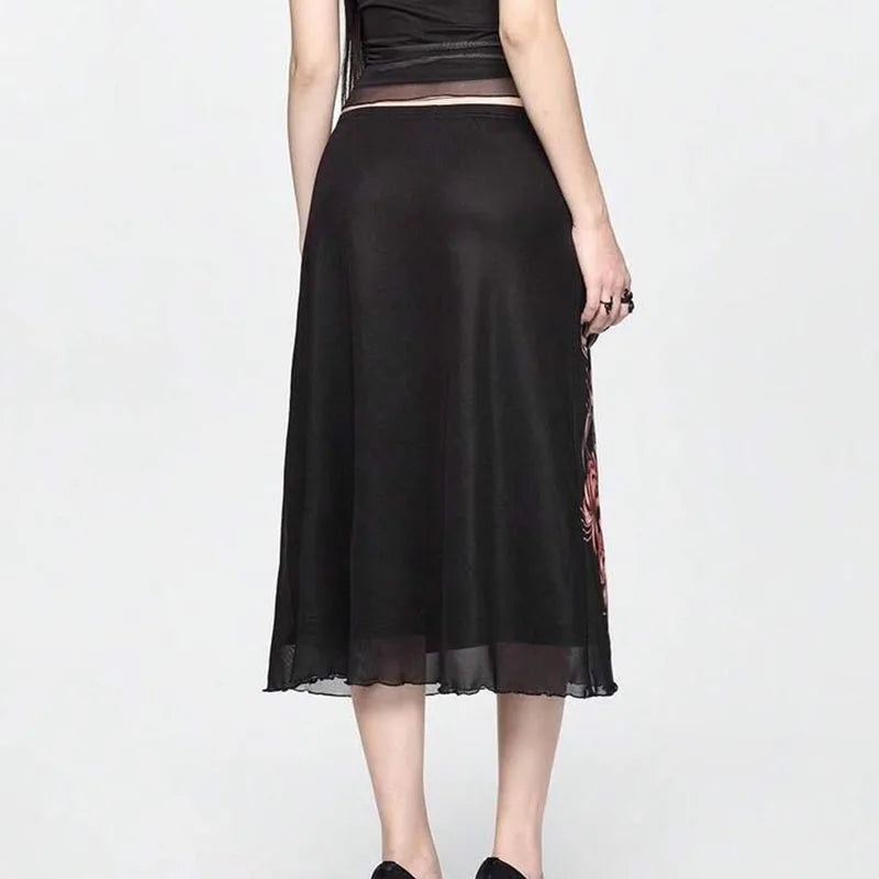 Black Vintage Mesh Midi Skirt
