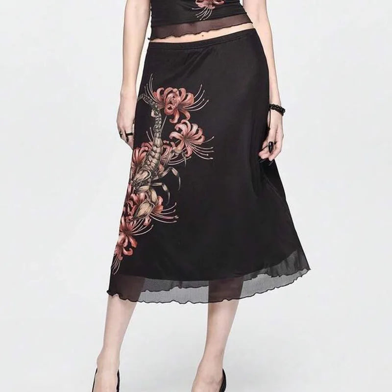 Black Vintage Mesh Midi Skirt
