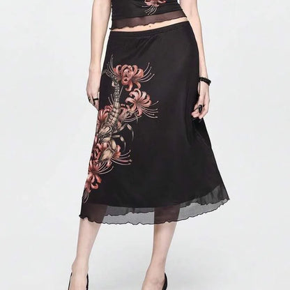 Black Vintage Mesh Midi Skirt