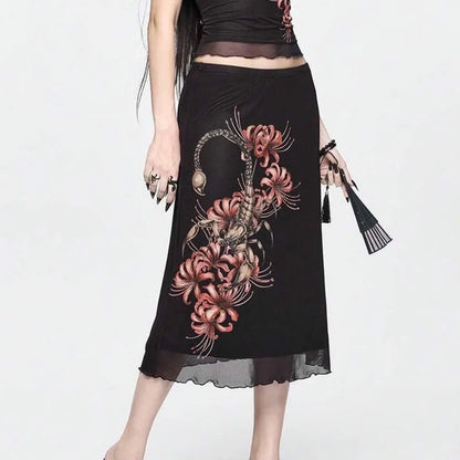 Black Vintage Mesh Midi Skirt