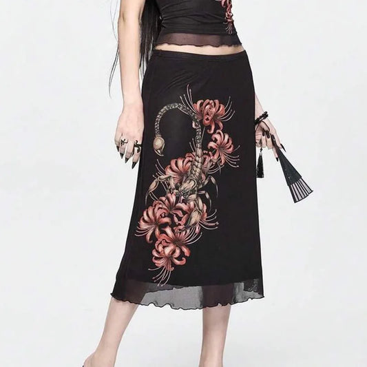 Black Vintage Mesh Midi Skirt