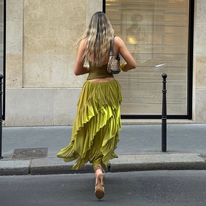 Bohemian Green Ruffle Maxi Skirt
