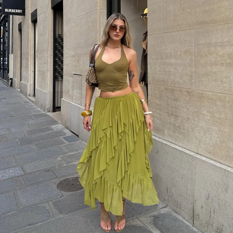 Bohemian Green Ruffle Maxi Skirt