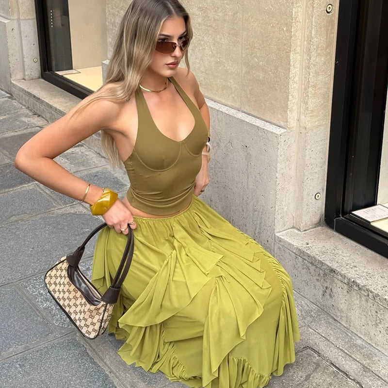 Bohemian Green Ruffle Maxi Skirt