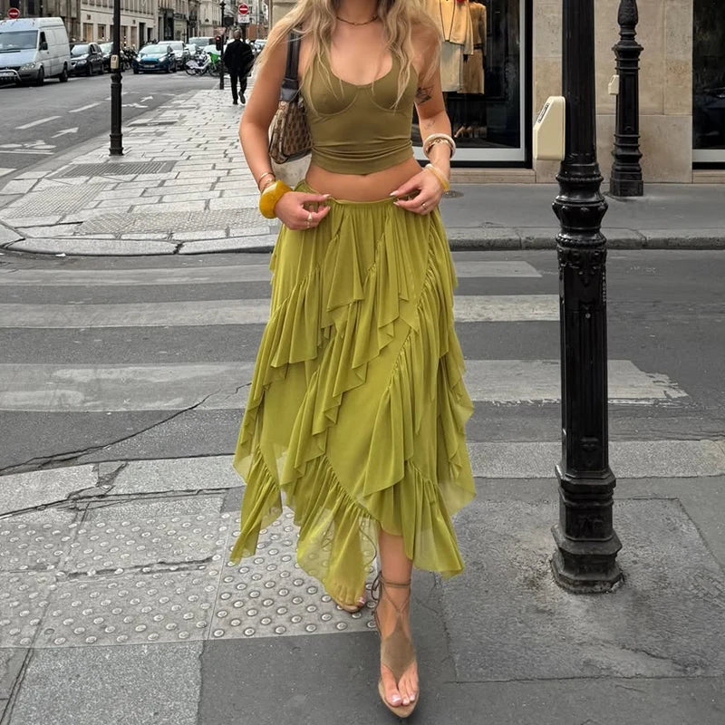 Bohemian Green Ruffle Maxi Skirt