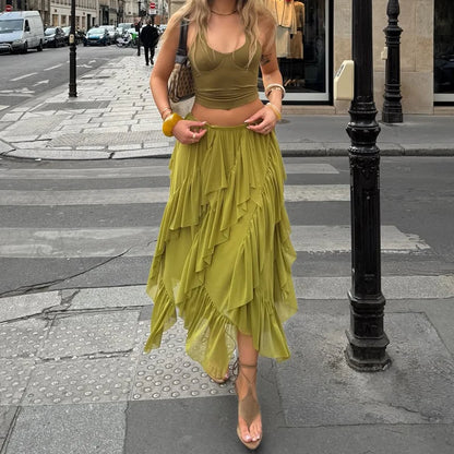 Bohemian Green Ruffle Maxi Skirt