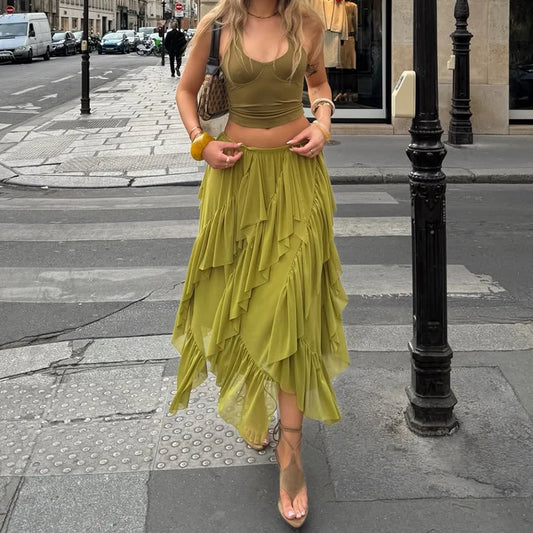 Bohemian Green Ruffle Maxi Skirt