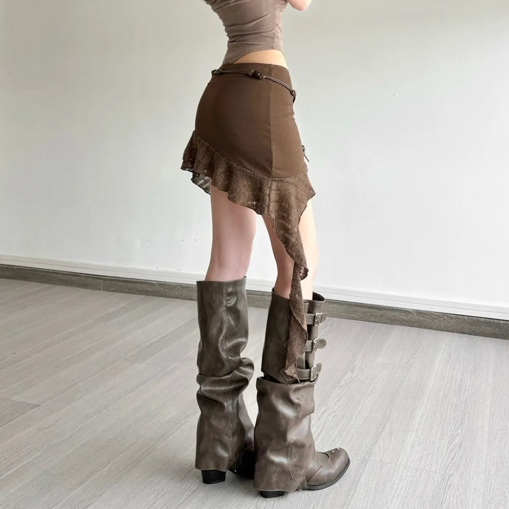 Brown Asymmetric Mini Skirt