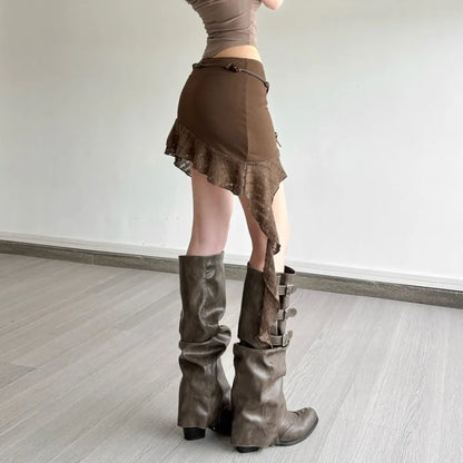Brown Asymmetric Mini Skirt