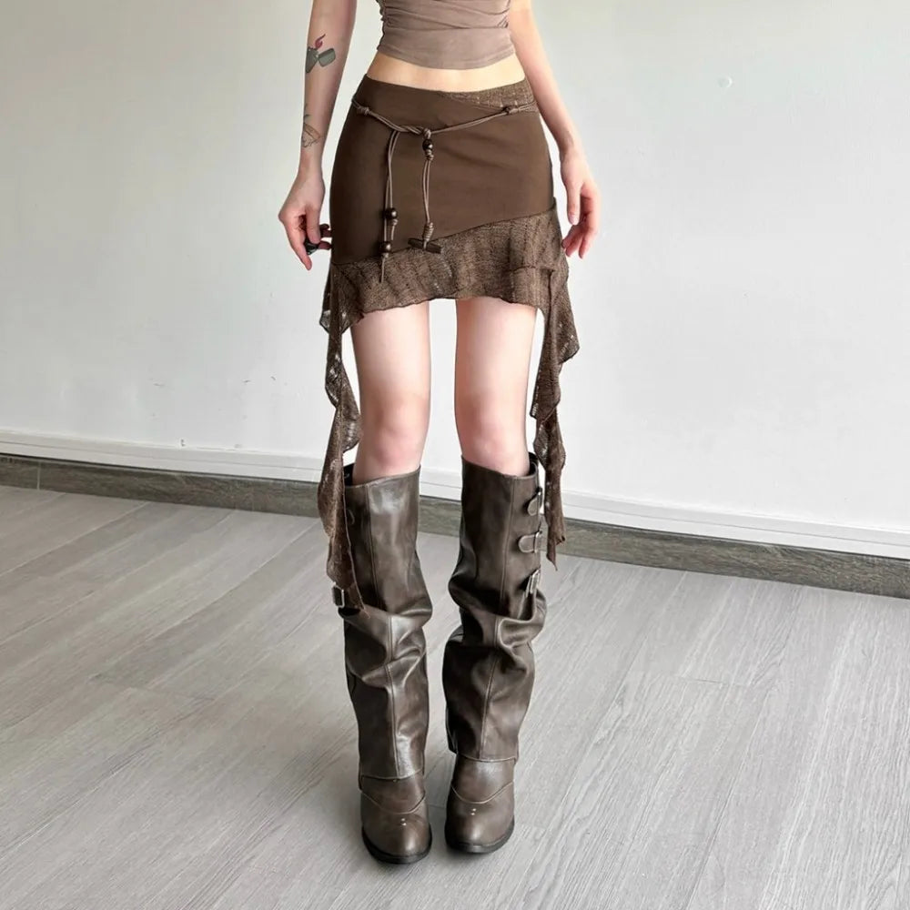 Brown Asymmetric Mini Skirt