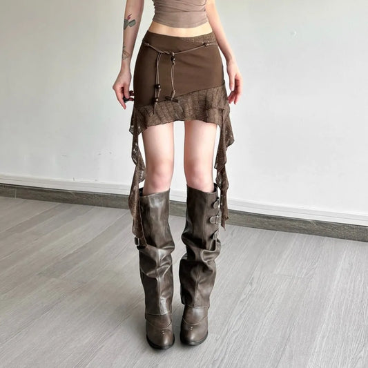 Brown Asymmetric Mini Skirt