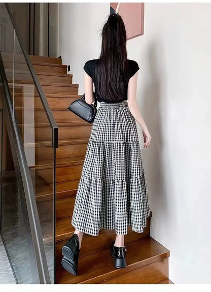 Checked High Waisted Midi Skirt