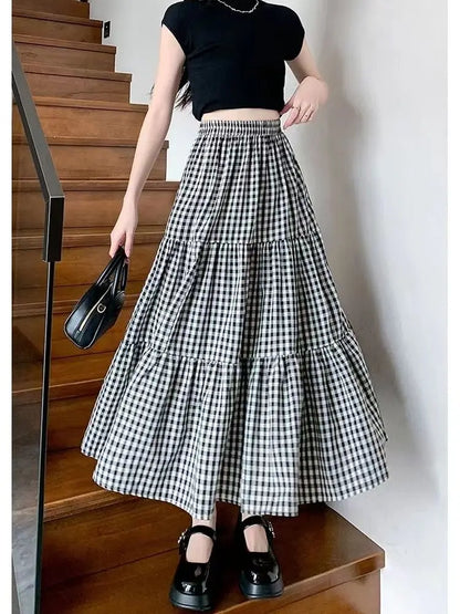 Checked High Waisted Midi Skirt