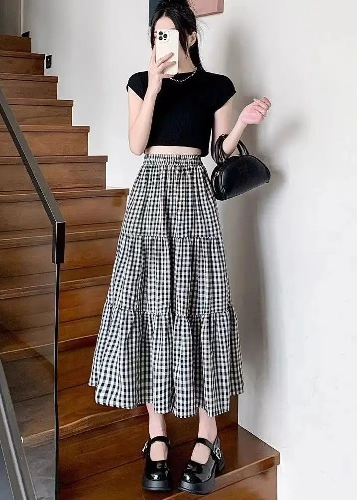 Checked High Waisted Midi Skirt