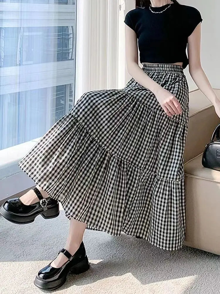 Checked High Waisted Midi Skirt