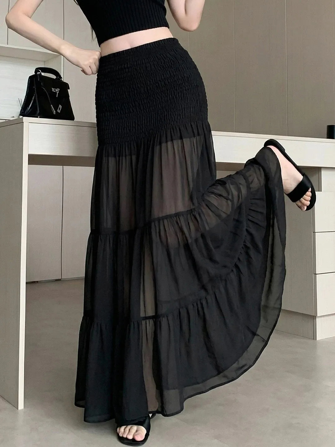 Elastic Black Maxi Skirt