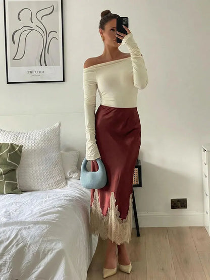 Elegant Brown Satin Skirt