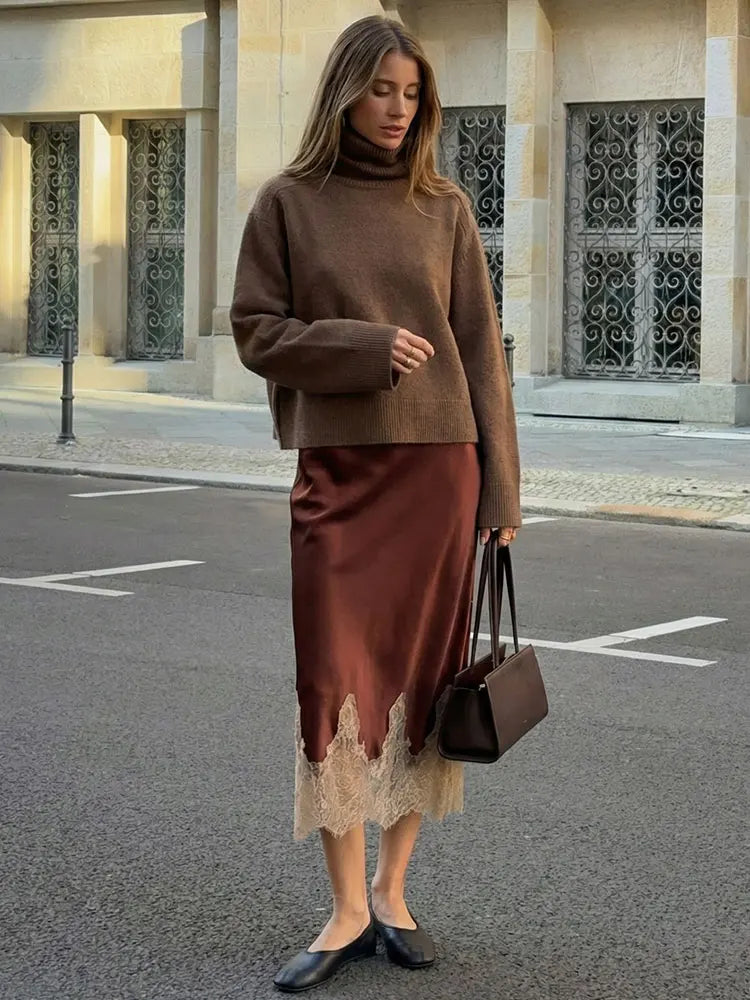 Elegant Brown Satin Skirt