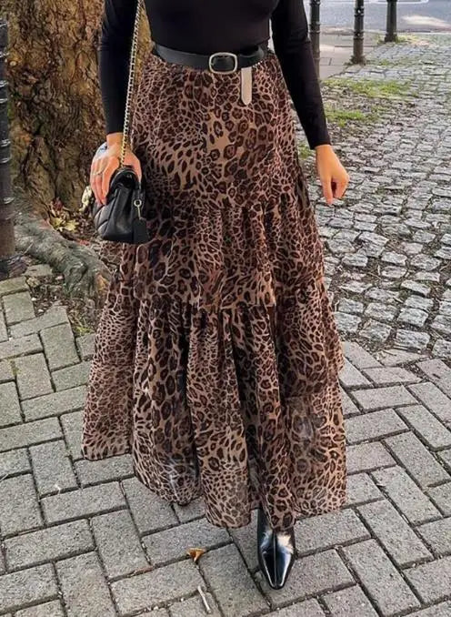 Leopard Print Ruffle Maxi Skirt
