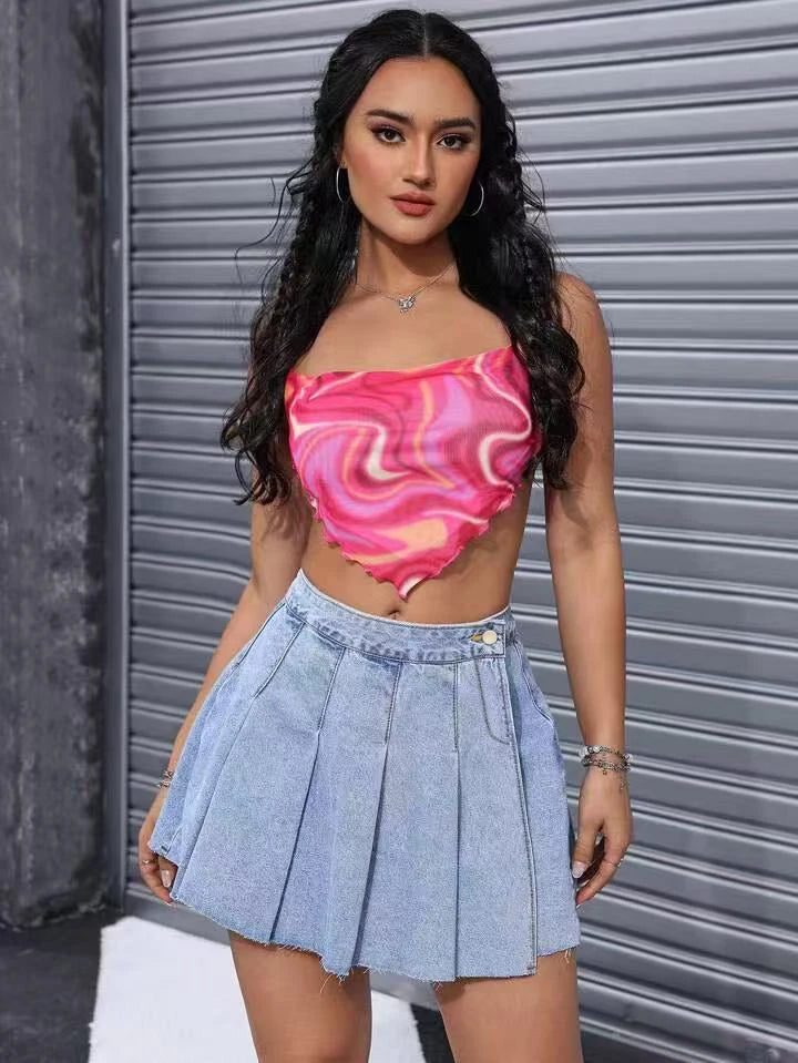 Light Blue Denim Pleated Skirt