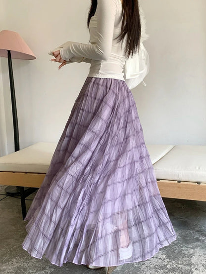 Long Purple Checked Skirt