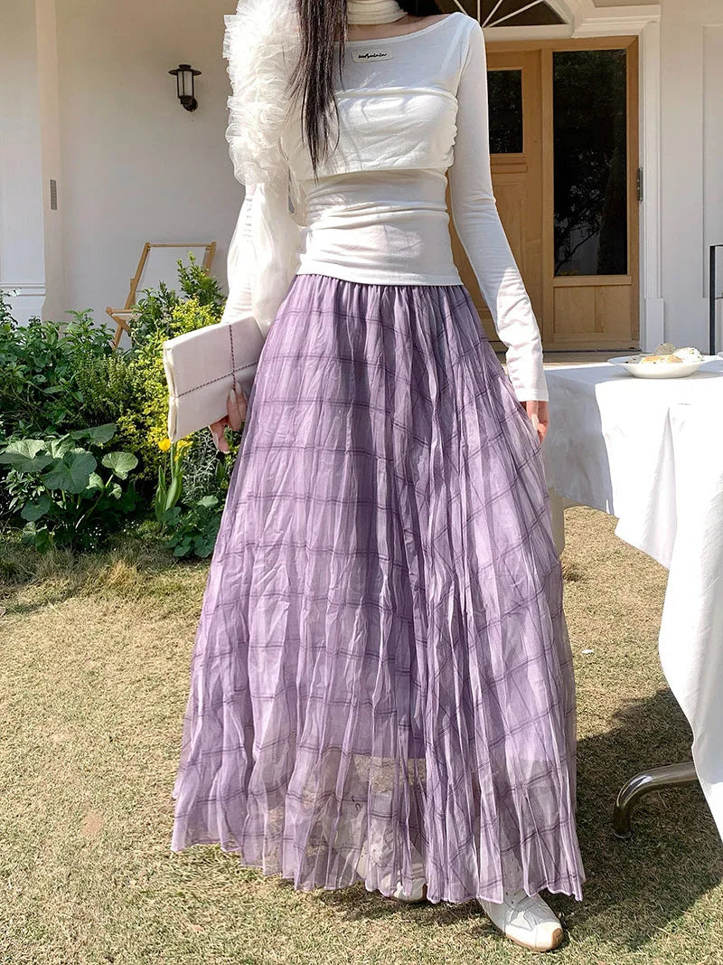Long Purple Checked Skirt