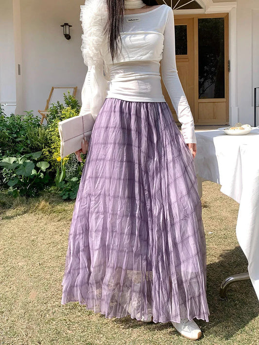 Long Purple Checked Skirt