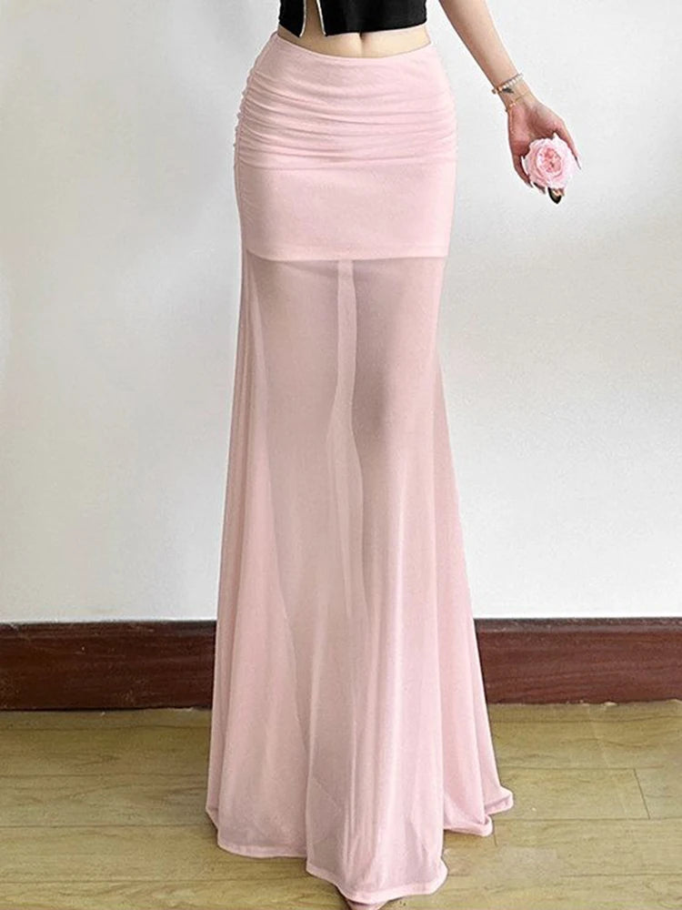Pink Mesh Long Skirt