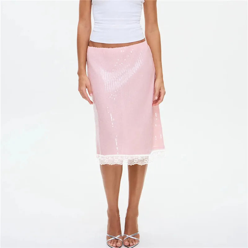Pink Sequin Midi Skirt