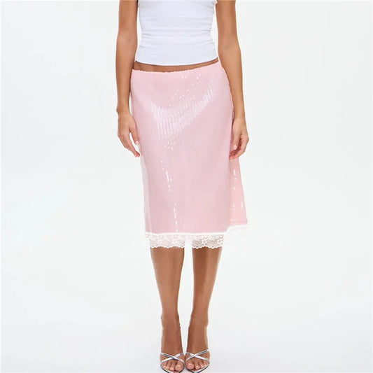 Pink Sequin Midi Skirt