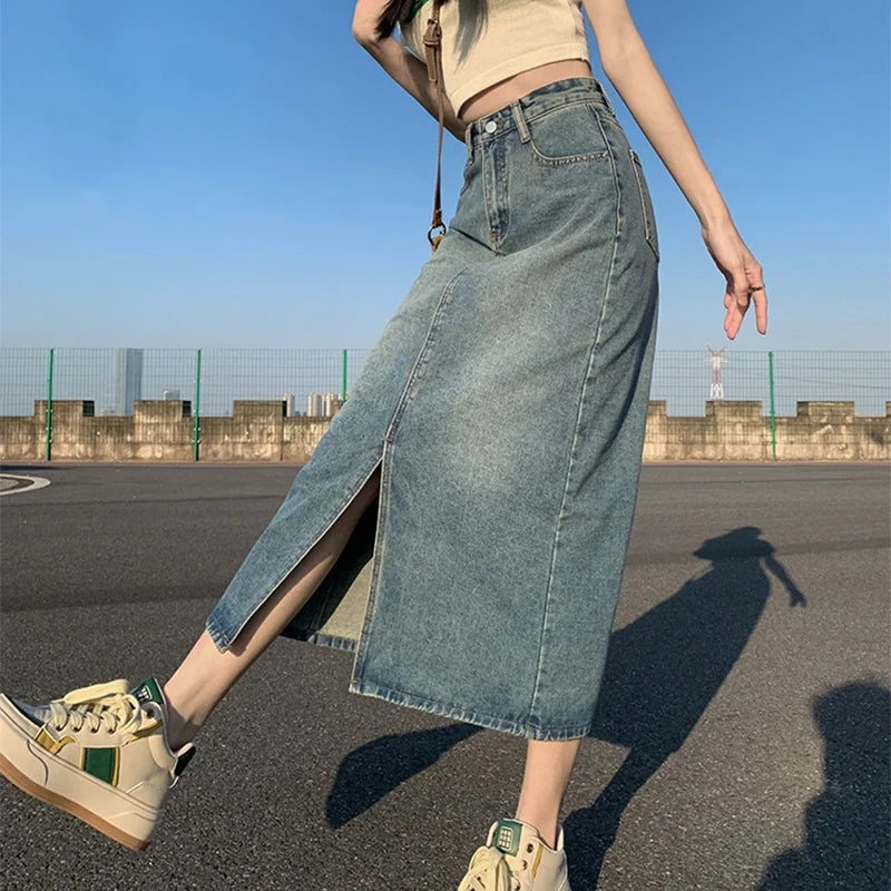 Retro A-line Denim Skirt