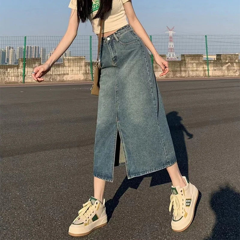 Retro A-line Denim Skirt