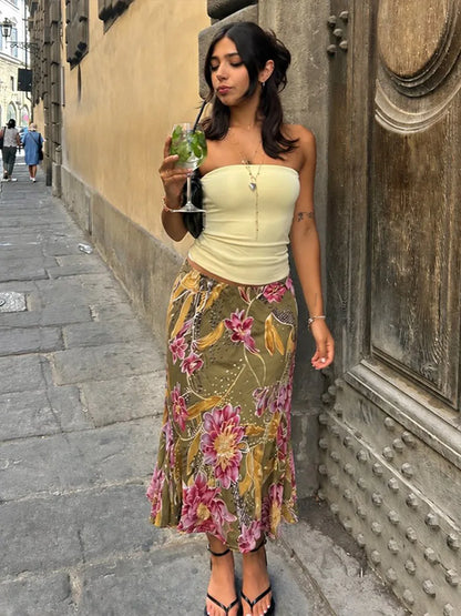 Retro Floral Midi Skirt