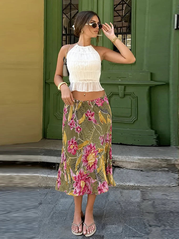 Retro Floral Midi Skirt