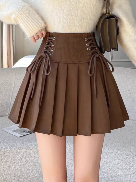Brown Faux Suede Pleated Skirt
