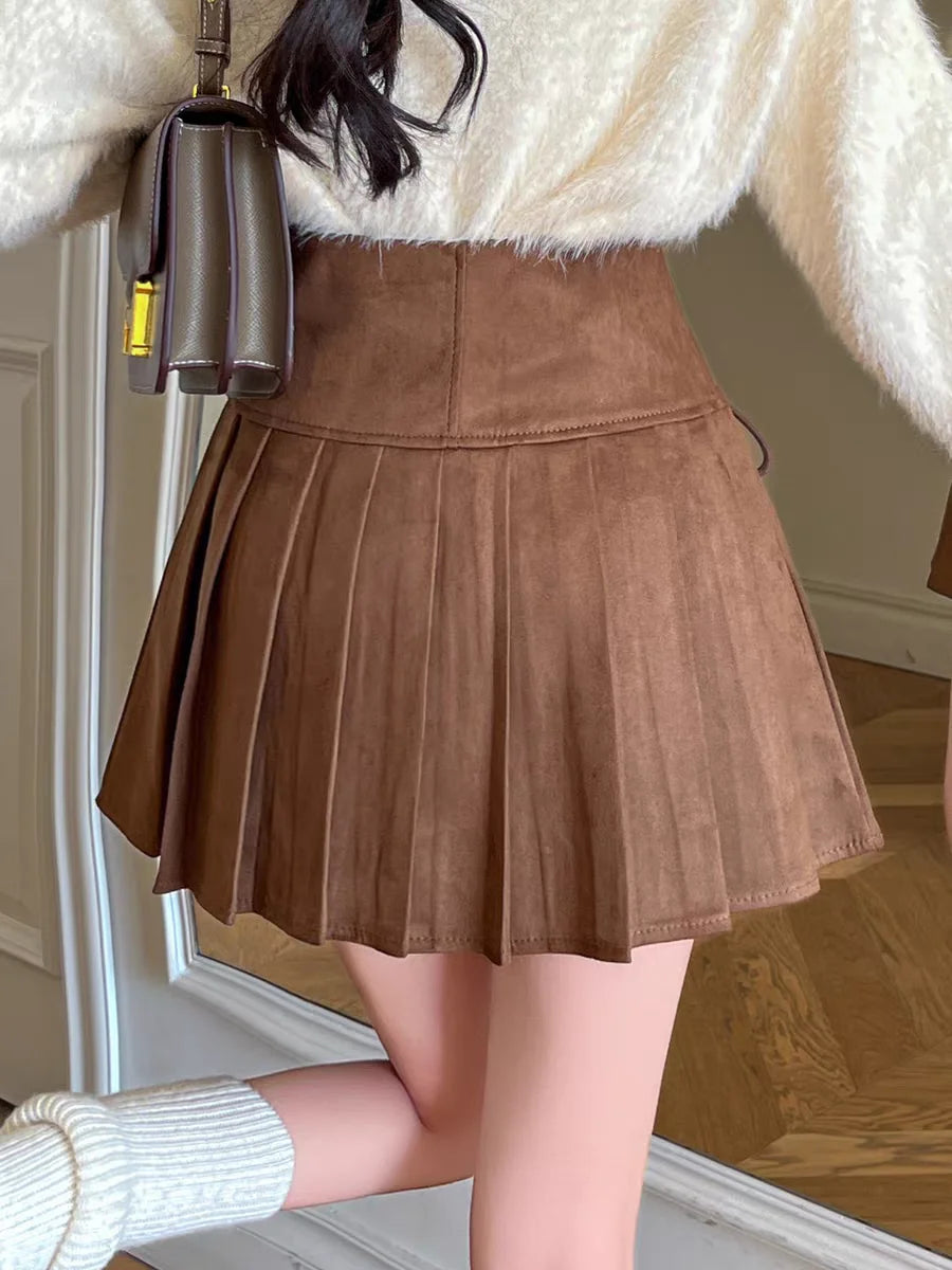 Brown Faux Suede Pleated Skirt