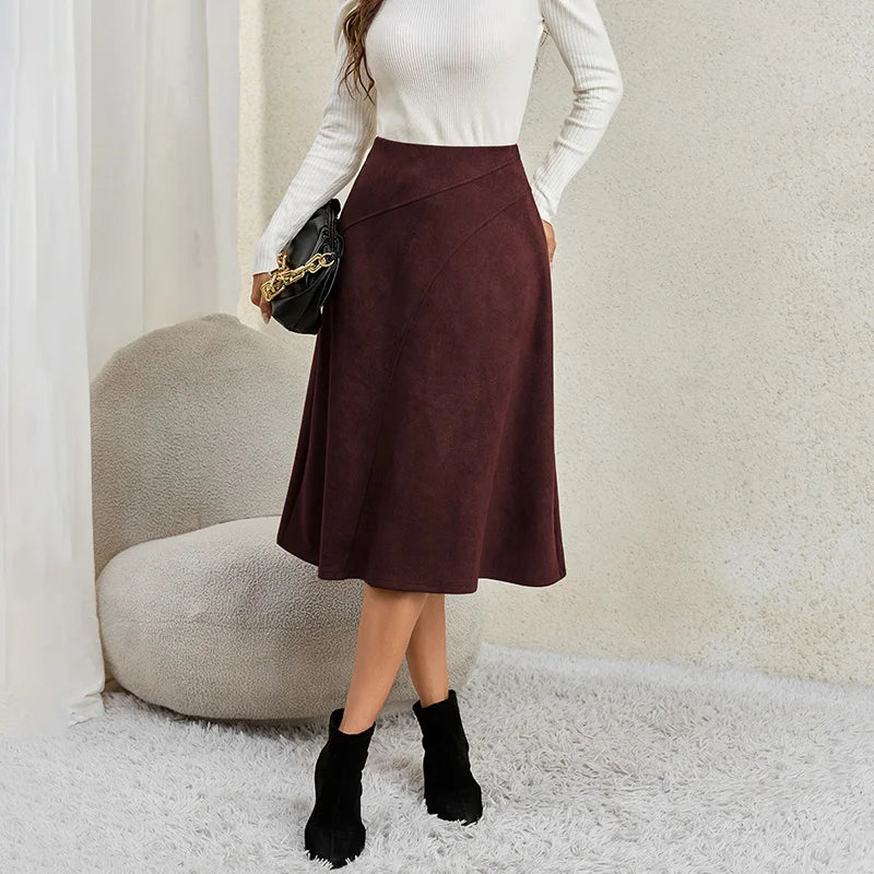 Burgundy Faux Suede Midi Skirt